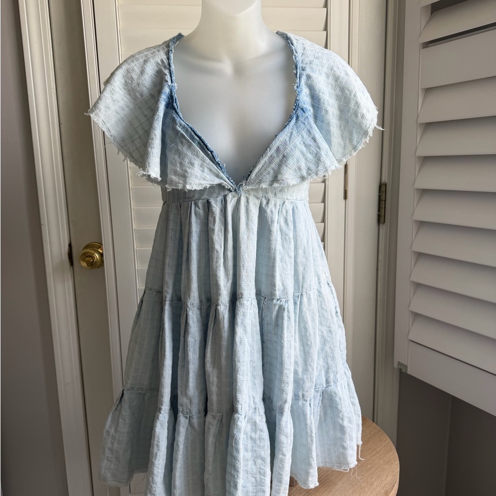 Free People Pale Blue Undone Tiered Mini Dress size XS